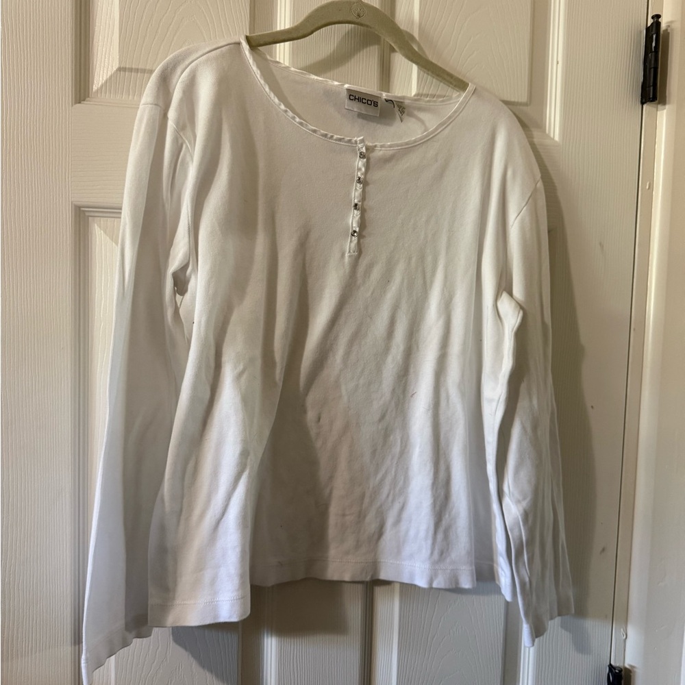 Chico's White Button-Front Cotton Henley Top Size 3